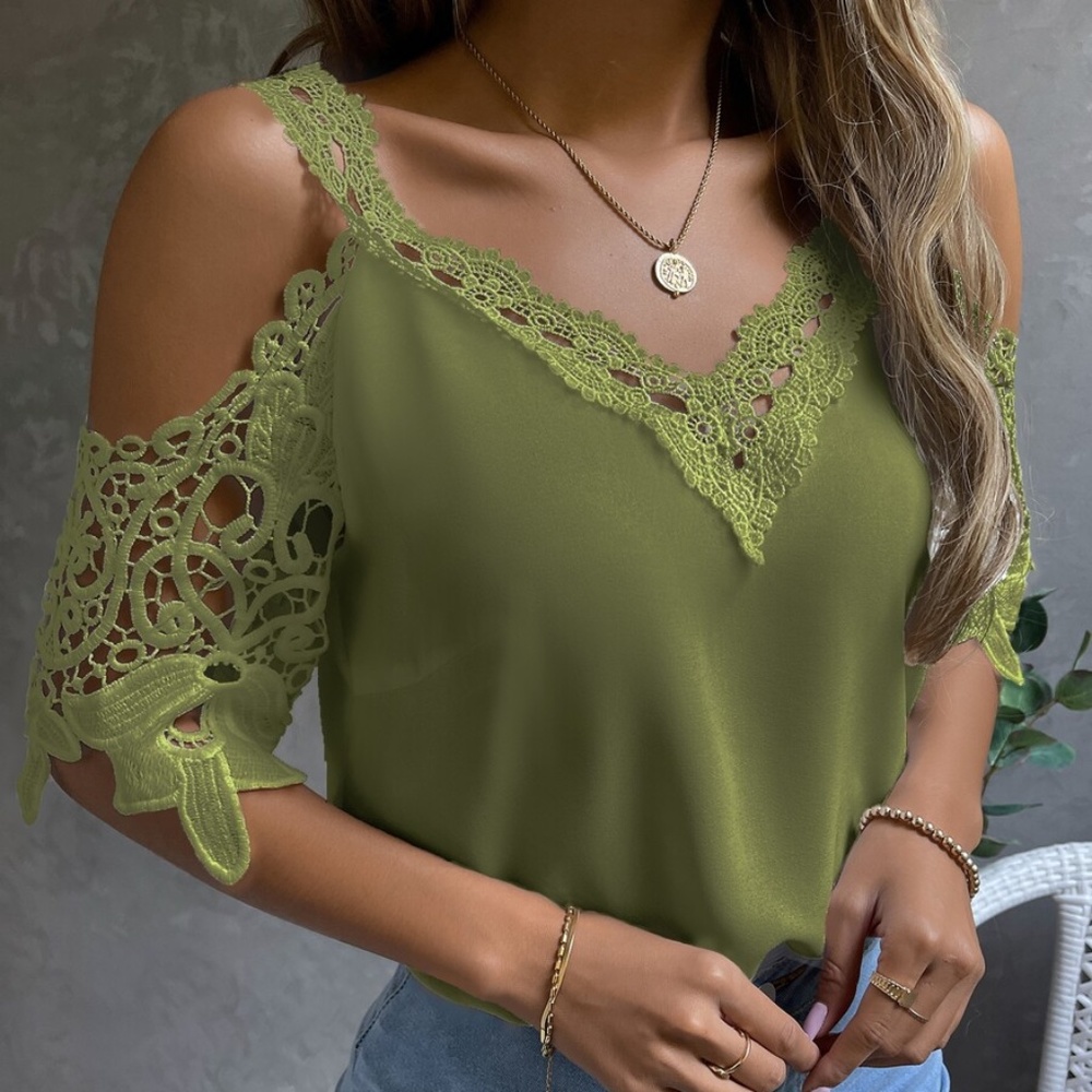 020 Bohemian Floral Lace Cold Shoulder Blouse - Picture 9 of 13